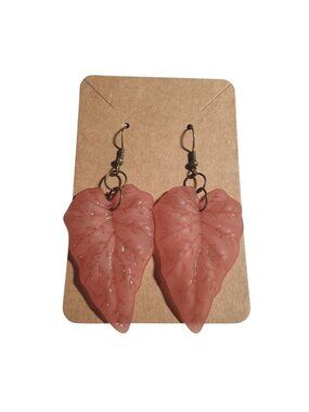 Pink Leaf Shaped Dangle Earrings Hooks Lightweight Fall Boho Handmade Jewelry